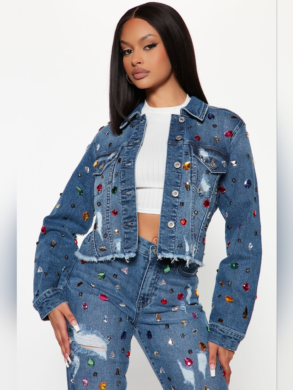 Fashion Nova  Embellished High-Waist Denim Pant Set - Picture 3 of 9